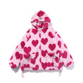 Pink faux fur jacket with heart print for women