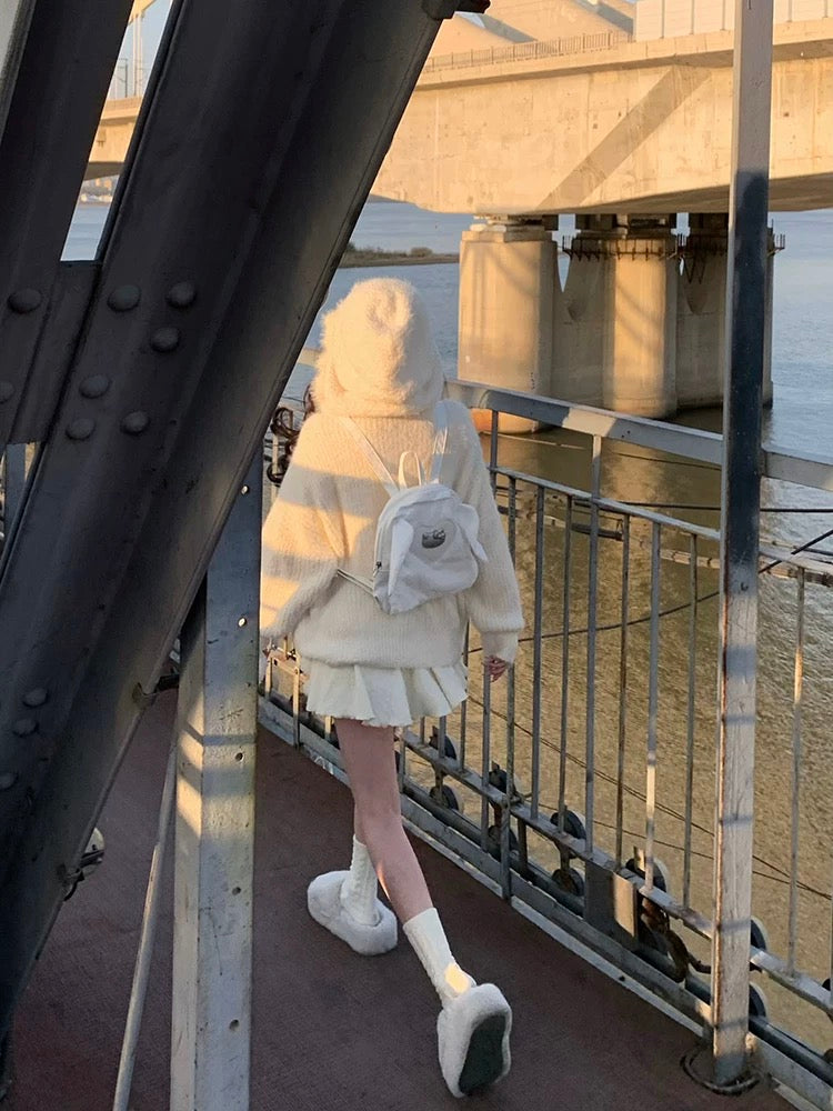 Soft girl winter outfit featuring white mini skirt