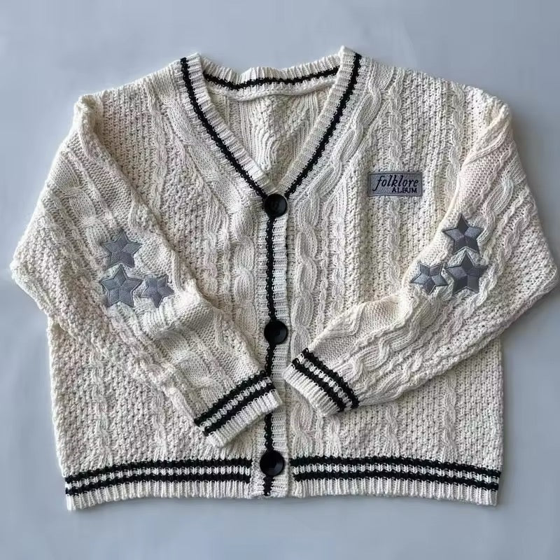 Preppy vintage cardigan with star embroidery and letter patch