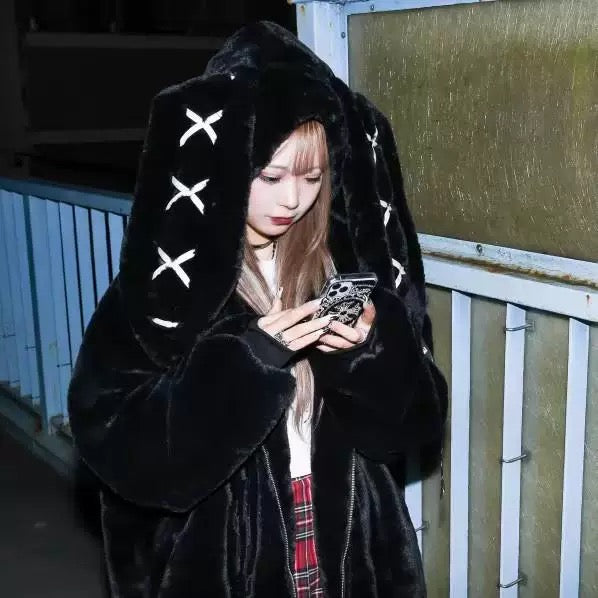 Warm thick faux fur hoodie with bunny ears for girls
