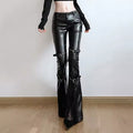 Sexy PU leather flare pants, gothic buckle strap trousers with Y2K aesthetic vibes, ideal for clubwear, punk streetwear, and alternative fashion lovers