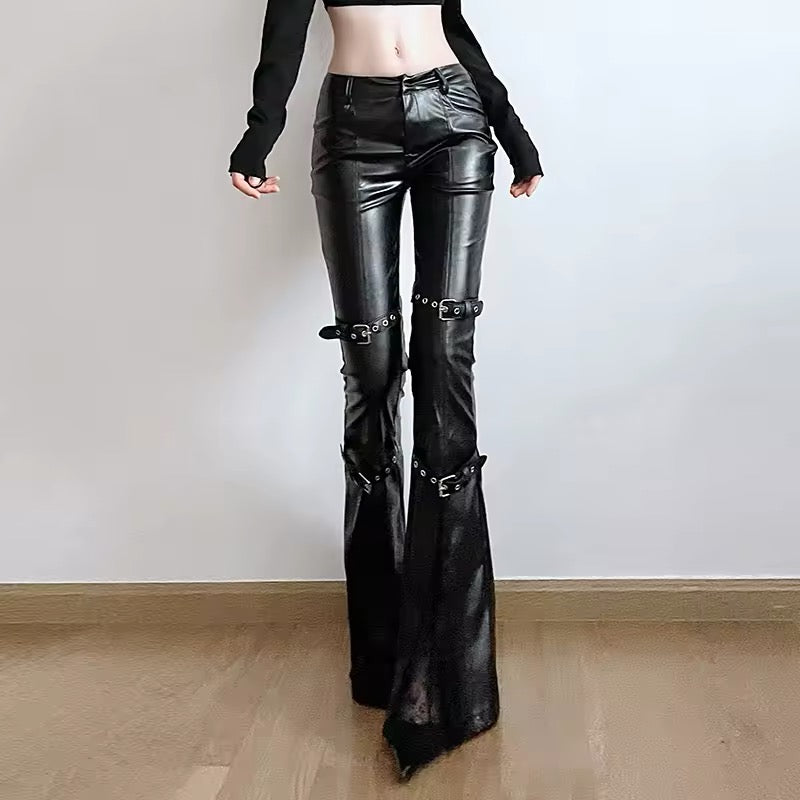 Sexy PU leather flare pants, gothic buckle strap trousers with Y2K aesthetic vibes, ideal for clubwear, punk streetwear, and alternative fashion lovers