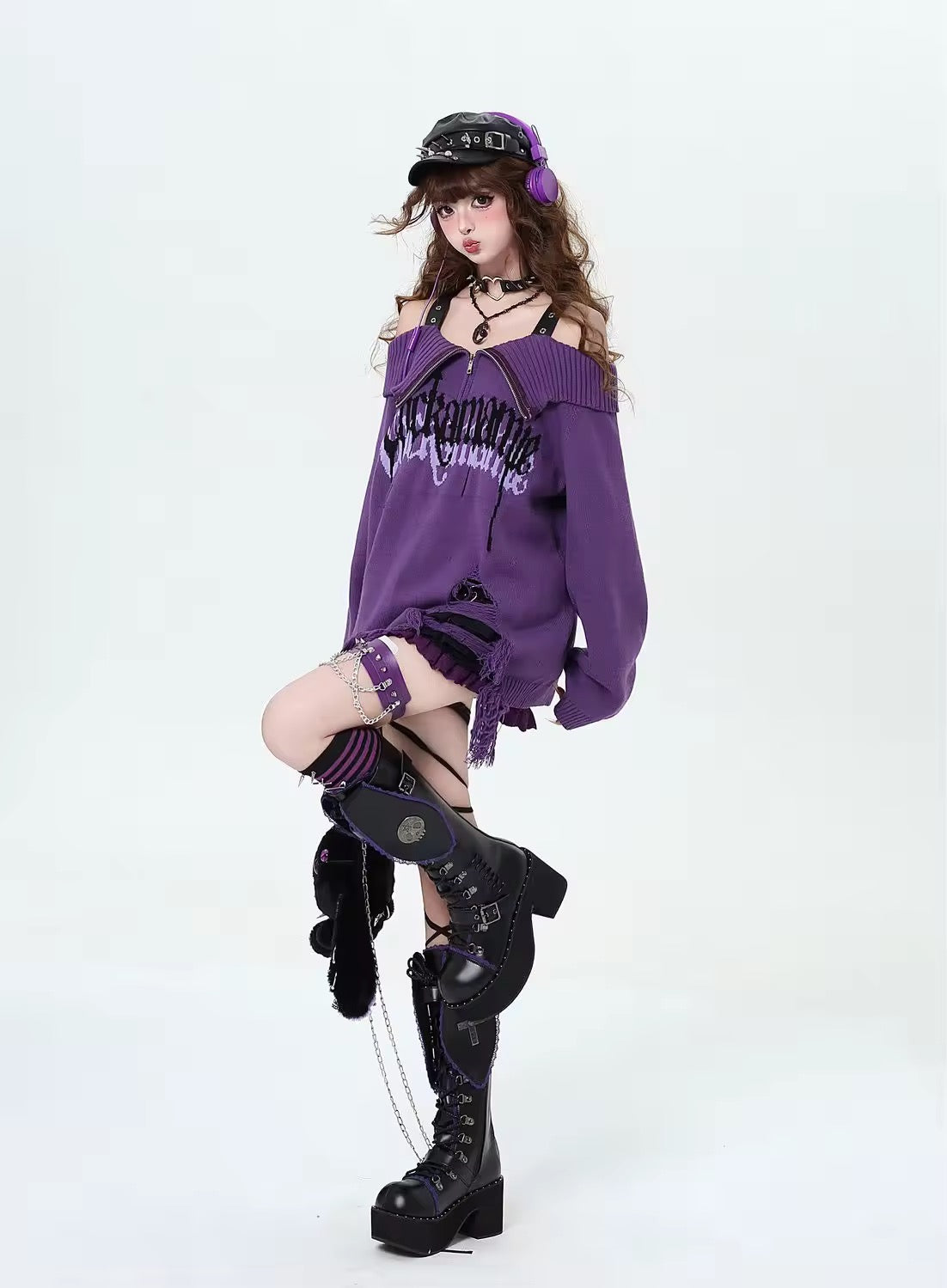 Purple gothic aesthetic knit sweater with sexy off shoulder look for alt girl outfits