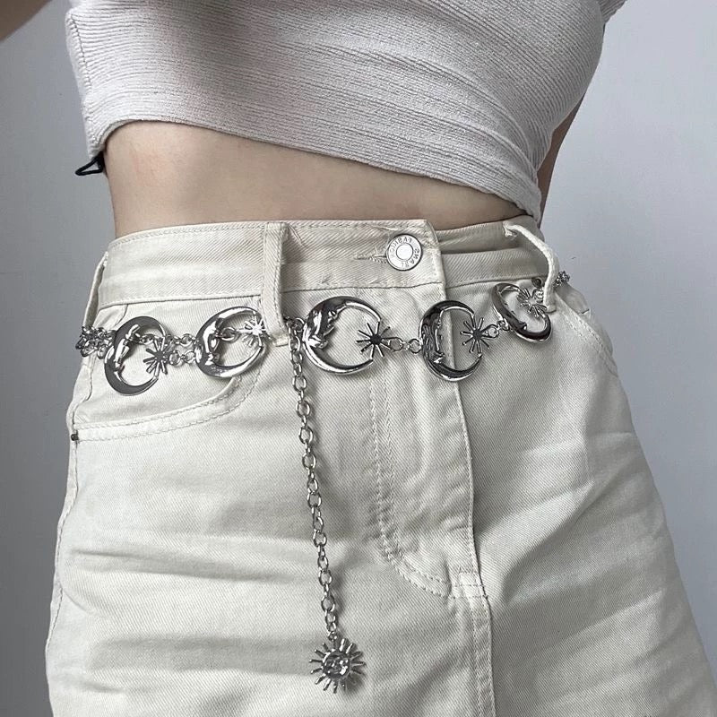 Celestial gold chain belt with sun and moon pendants for women
