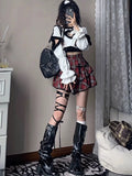 Y2K punk-inspired red plaid skirt, perfect for Harajuku, fairycore, and emo aesthetic outfits