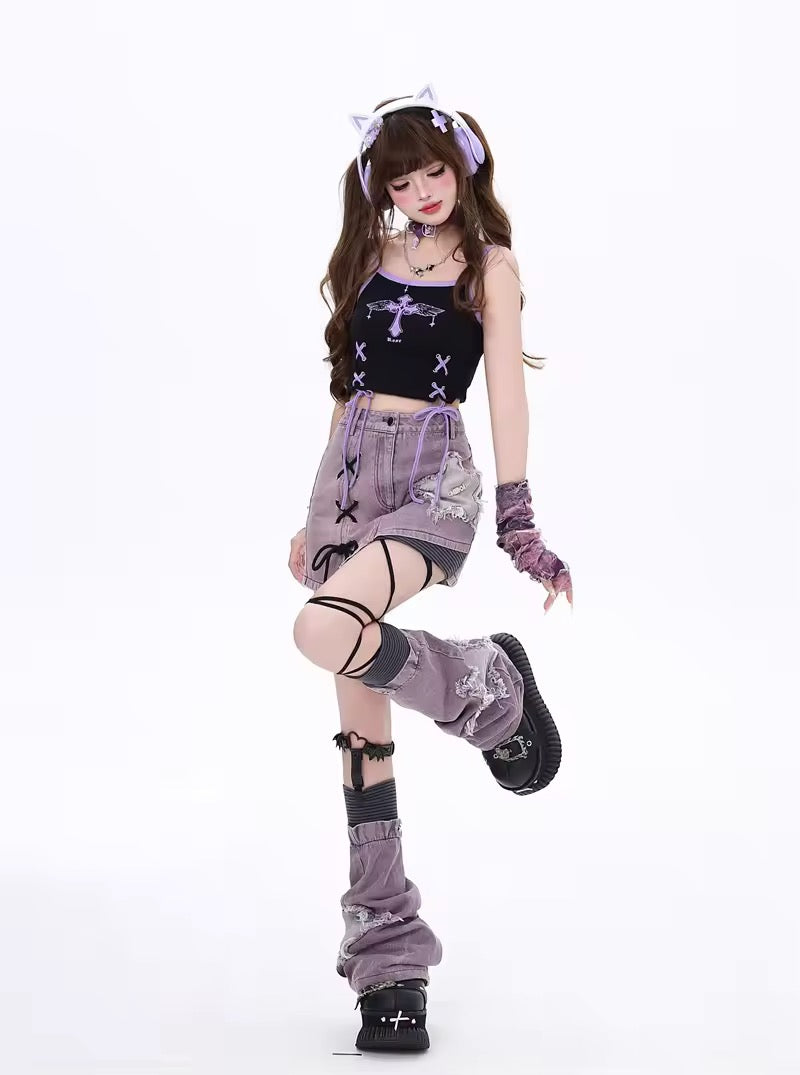 Highlight of black lace tie accents on lilac denim fabric