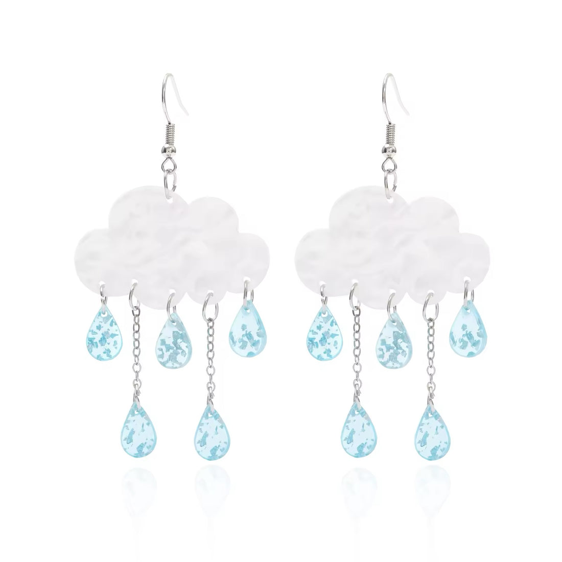 Fairycore rain cloud earrings with acrylic clouds and colorful resin raindrops, perfect handmade jewelry for whimsical girls and women