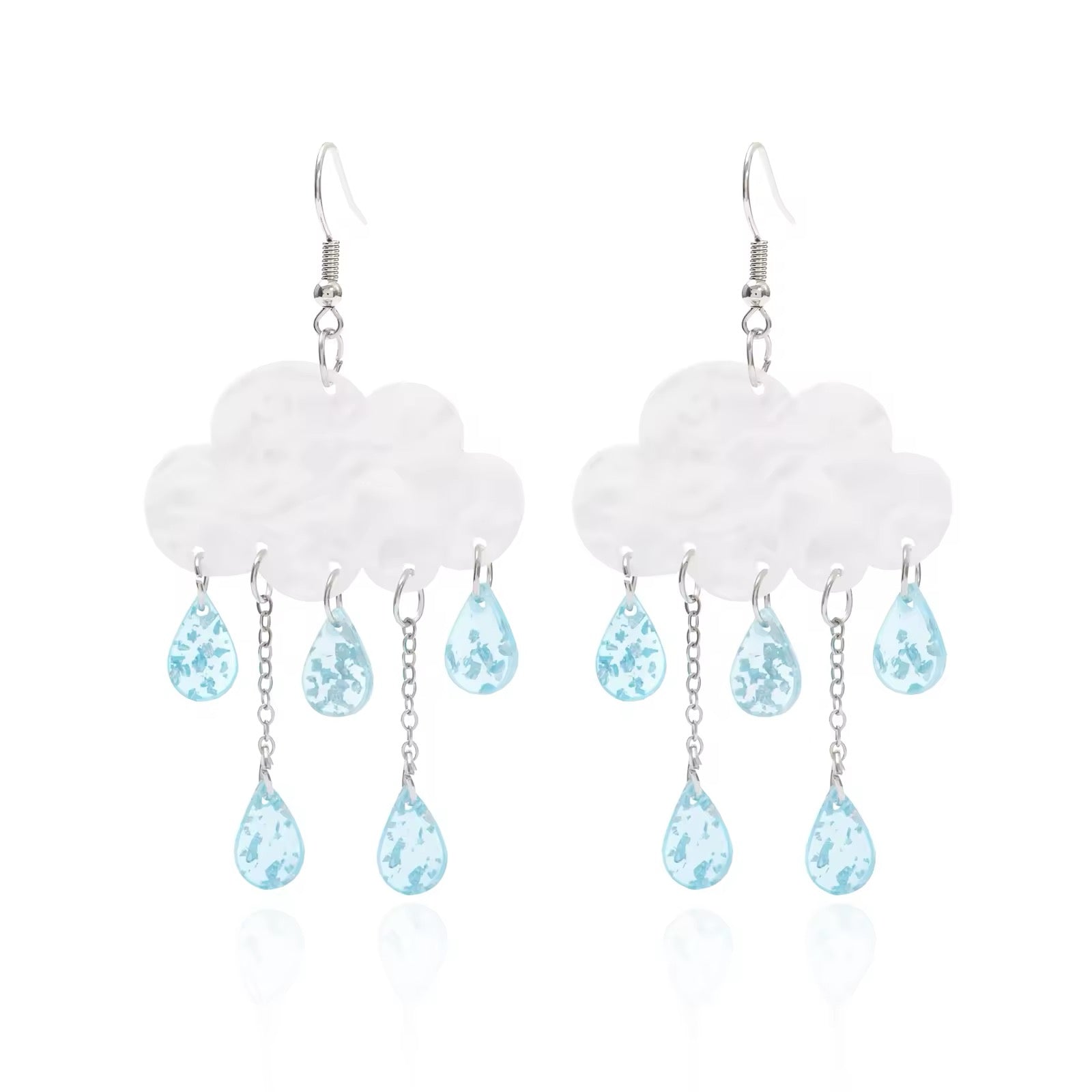Fairycore rain cloud earrings with acrylic clouds and colorful resin raindrops, perfect handmade jewelry for whimsical girls and women