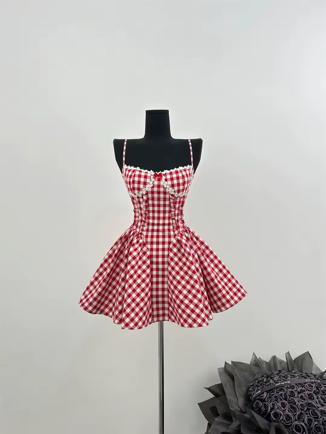 Y2K balletcore plaid mini dress with spaghetti straps