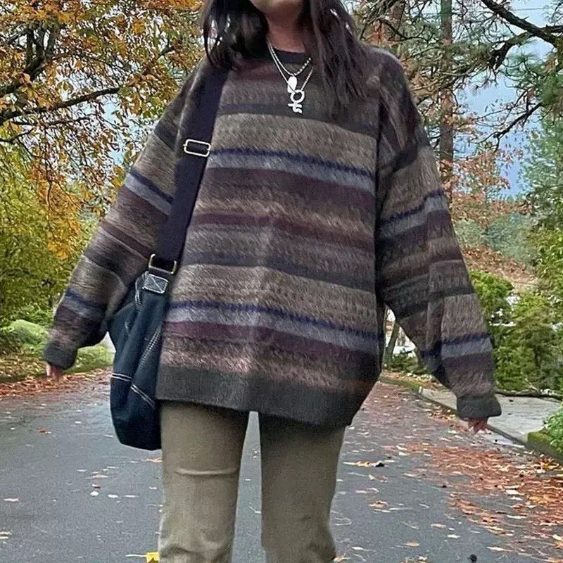 Retro grunge striped knitted sweater with vintage grandpa aesthetic for women