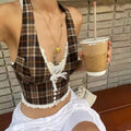 Retro plaid halter top with lace trim and a backless Y2K aesthetic