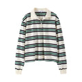 Retro striped long sleeve polo shirt styled with jeans