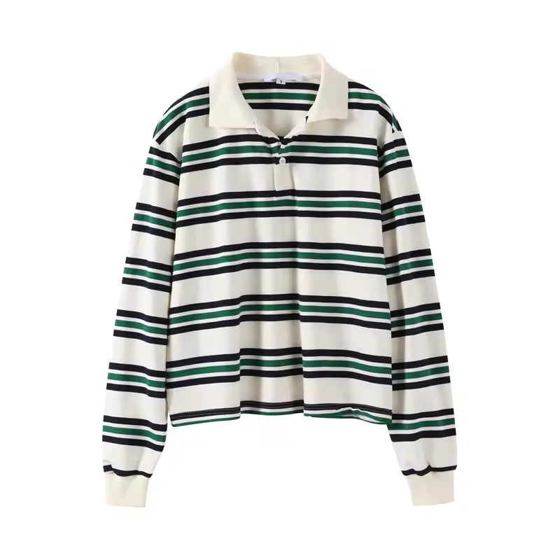 Retro striped long sleeve polo shirt styled with jeans