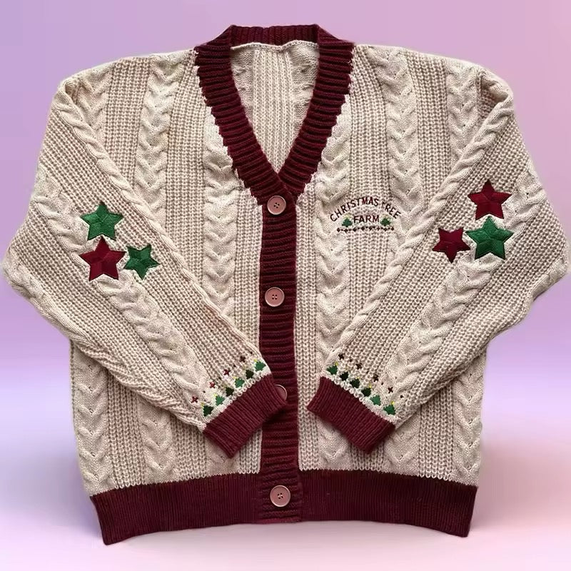 Star embroidered knit sweater styled for festive streetwear