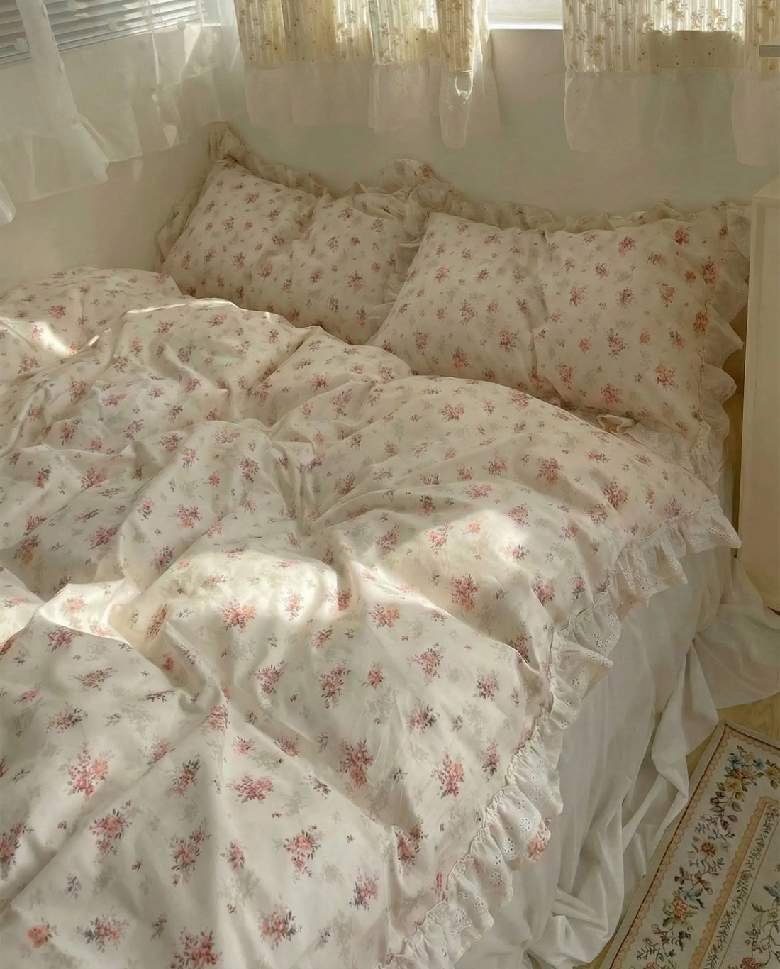 Embroidered Pink Floral Duvet Cover Set