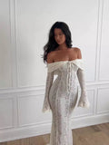 Hollow-out lace maxi dress with flared long sleeves