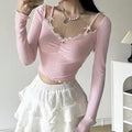 Romantic lace patchwork blouse for soft girl fashion