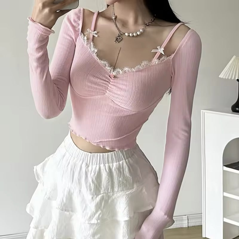 Romantic lace patchwork blouse for soft girl fashion