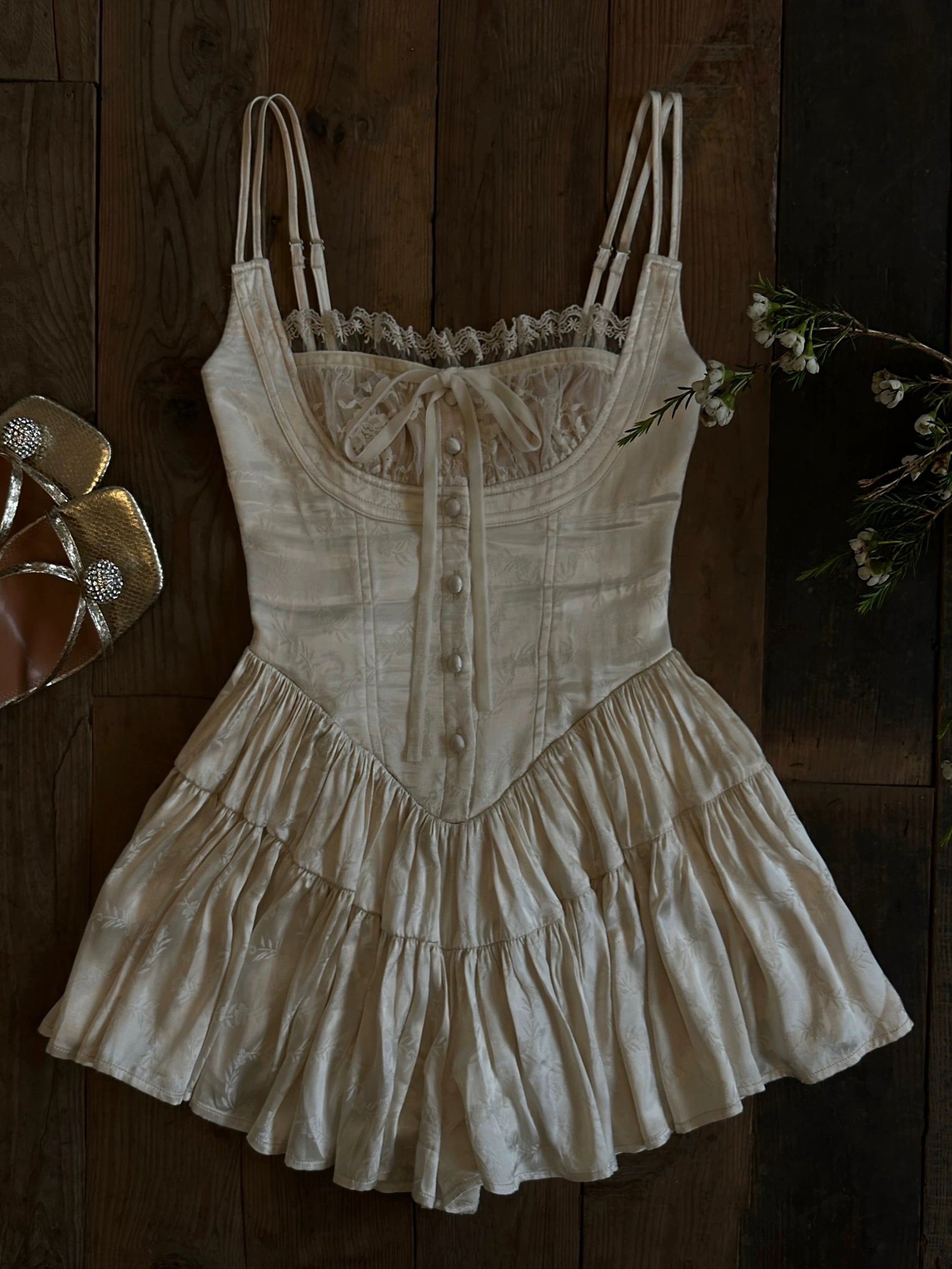 Elegant French style mini dress with soft aesthetic lace detailing.