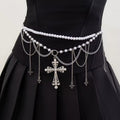 Fairycore-inspired belly chain with pearls and dangling cross for beachwear