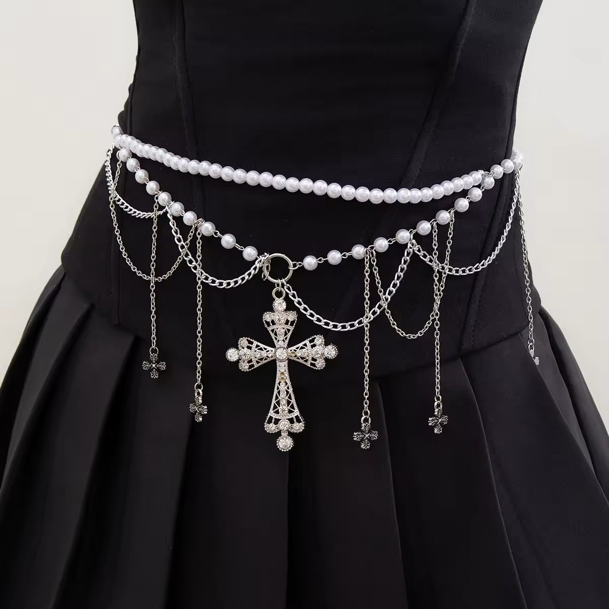 Fairycore-inspired belly chain with pearls and dangling cross for beachwear
