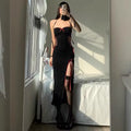 Vintage-Inspired Gothic Fairycore Slitted Maxi Dress