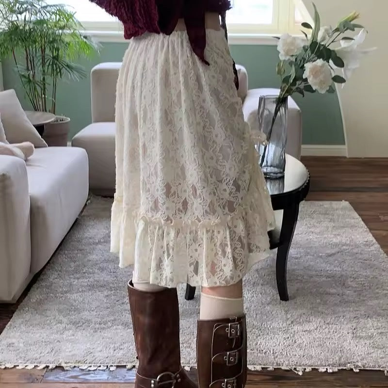 Soft girl vintage-inspired lace midi skirt in beige
