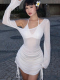Trendy Y2K-inspired sheer long sleeve mini dress for summer