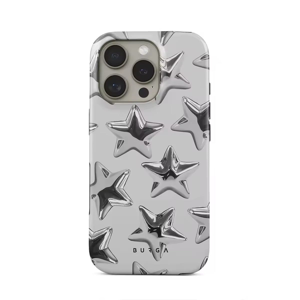 Front view of the Silver Stars Y2K iPhone Case showcasing the glitter star design