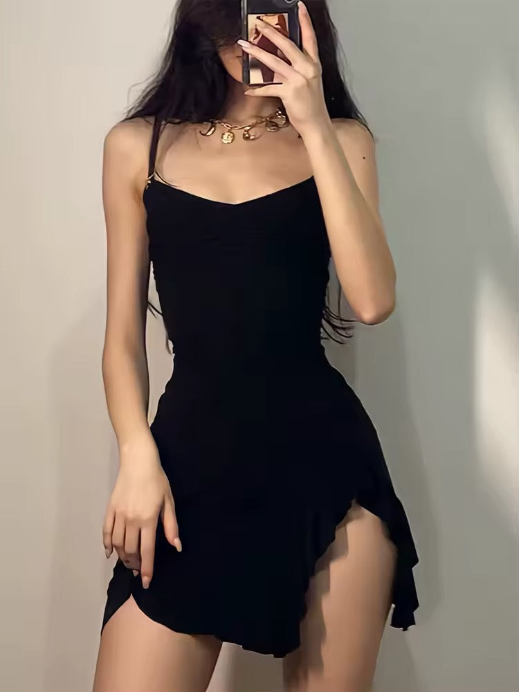 Sexy black mini dress with spaghetti straps and side slit