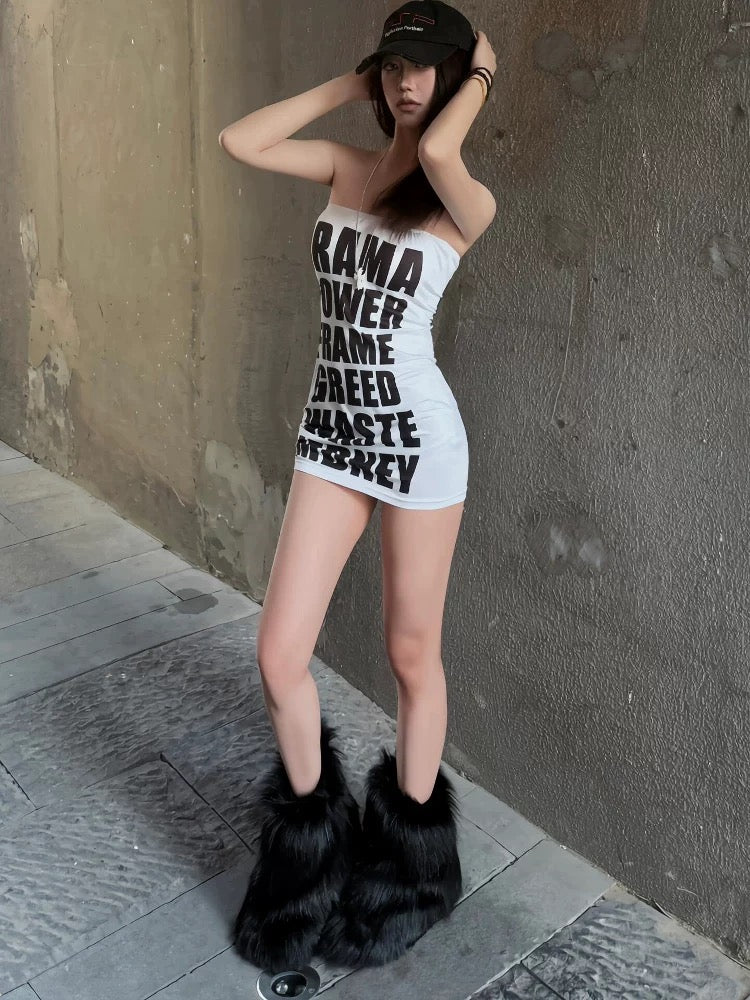 Tight and stretchy white clubwear dress with bold black lettering