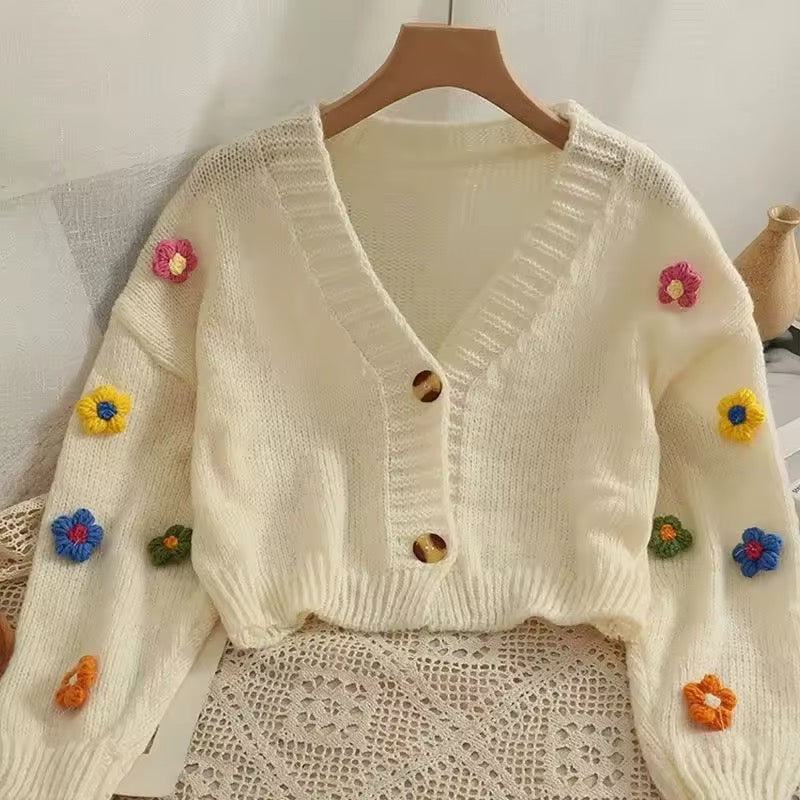Soft girl cardigan with colorful floral embroidery