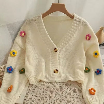 Soft girl cardigan with colorful floral embroidery