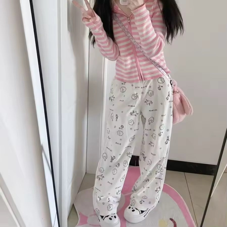 Harajuku-style kawaii baggy pants, Y2K-inspired soft high straight trousers with cartoon prints, perfect for Japanese fashion and casual comfy wear