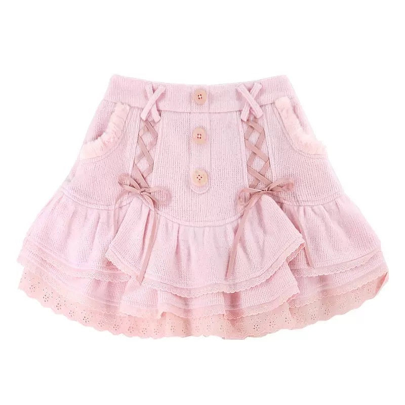 Japanese fashion lace-trimmed pink mini skirt with shorts