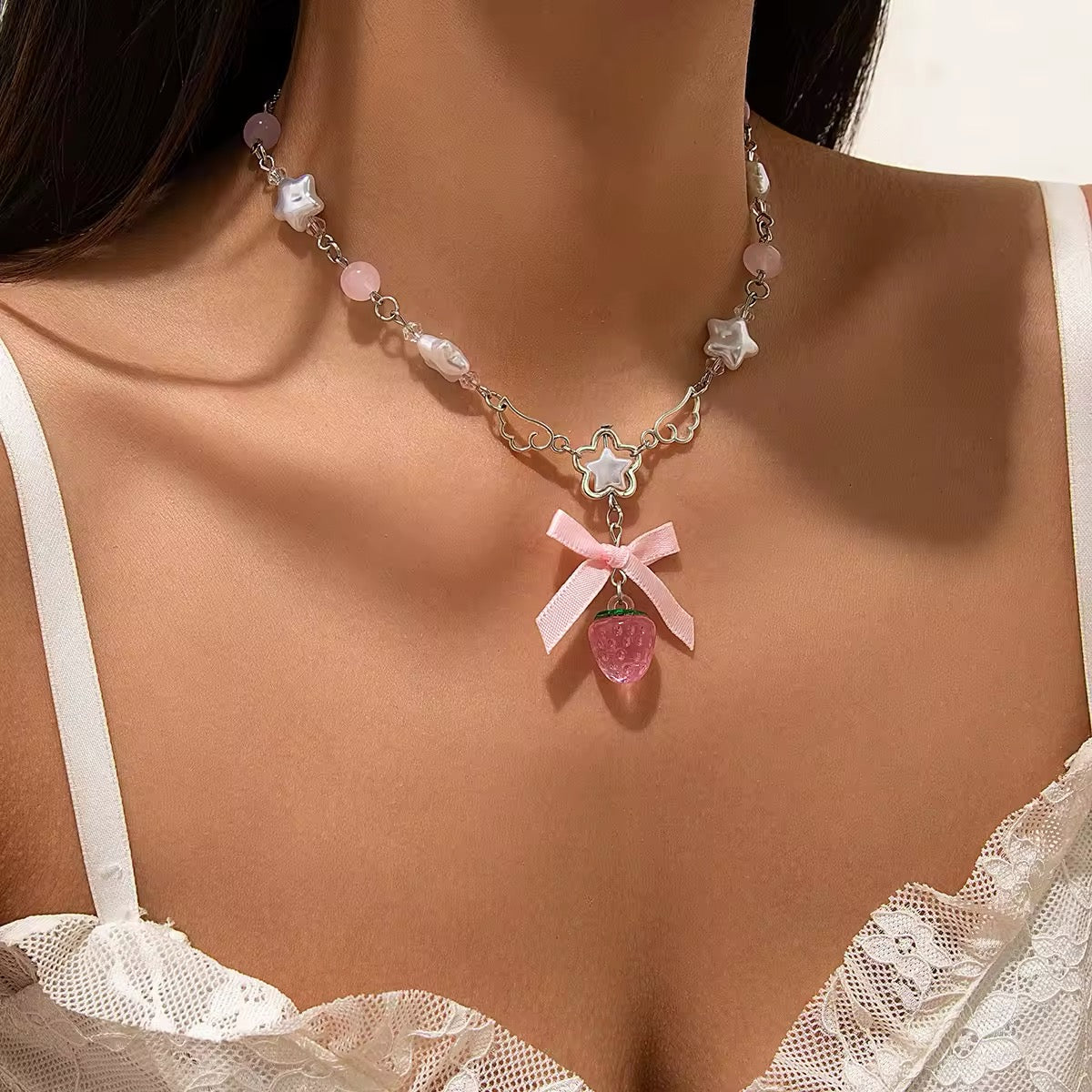Soft girl aesthetic strawberry choker for Y2K-inspired fashion