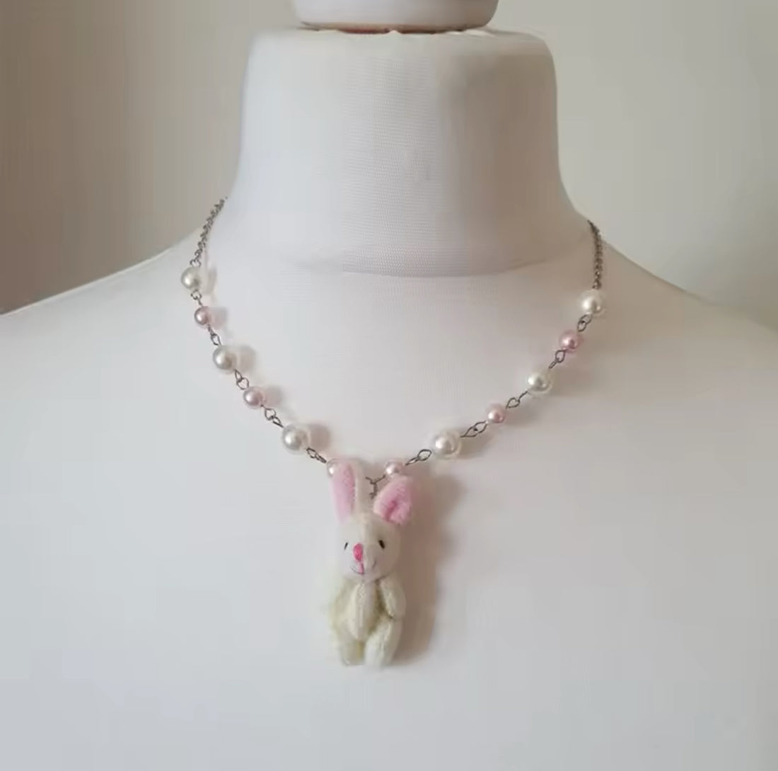 Soft girl aesthetic kawaii bunny necklace, handmade Y2K plush pendant jewelry piece perfect for balletcore and trendy fashion outfits