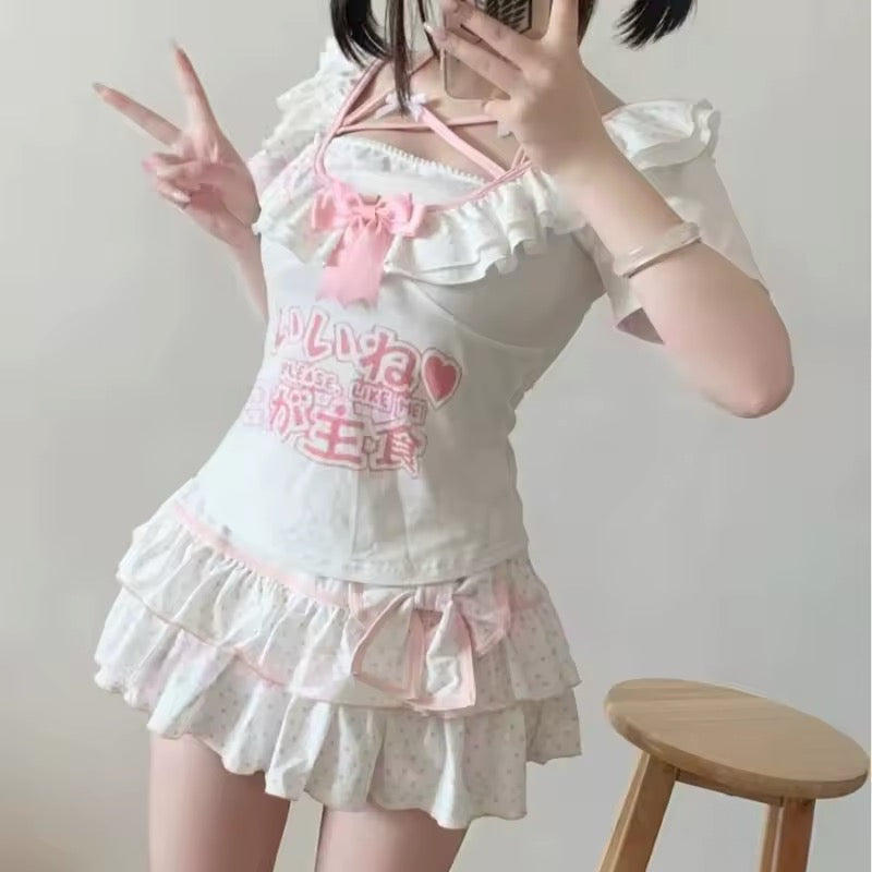 Soft Lolita mini skirt with pink polka dots and oversized bow