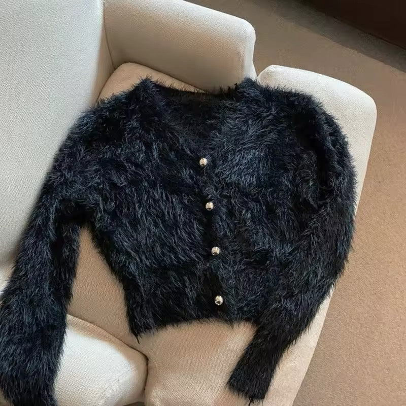 Black mohair V-neck cardigan with button front