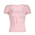 Trendy lace patchwork puff sleeve coquette tee