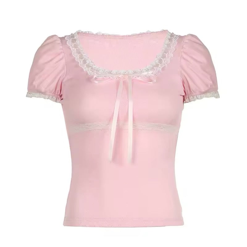 Trendy lace patchwork puff sleeve coquette tee