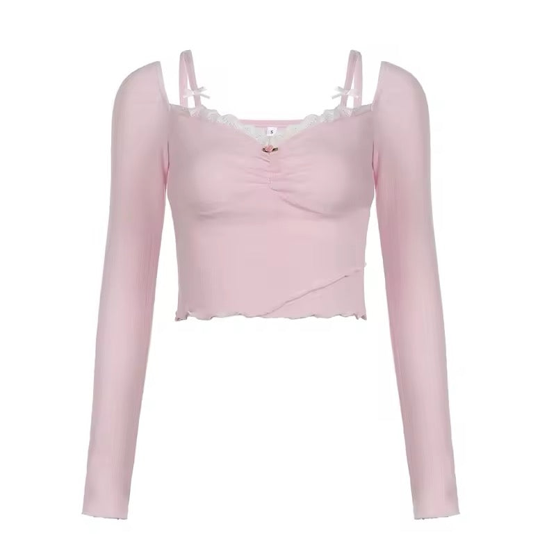 Pastel pink knitted long sleeve tee for women