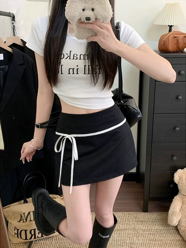 Korean-inspired soft girl outfit with mini skirt