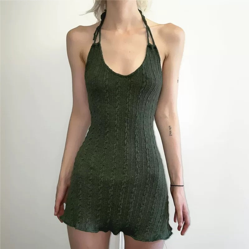 Cottagecore Green Mini Dress Knitted Halter & Backless AGCW Cottagecore Green Mini Dress Knitted Halter & Backless AGCW