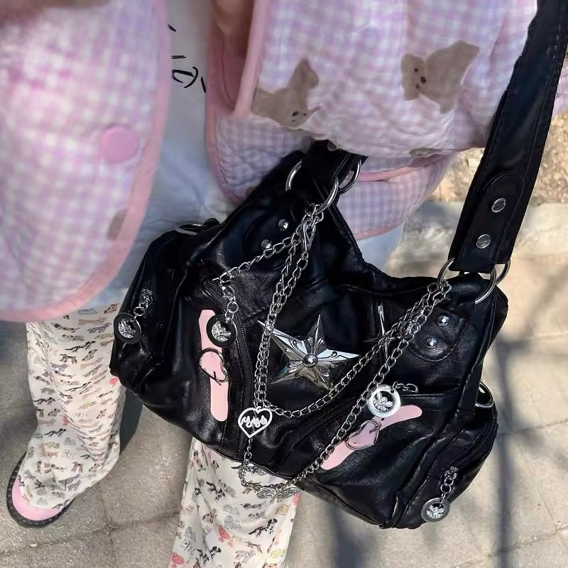 Y2K spicy girl black leather handbag with silver chains and heart charms