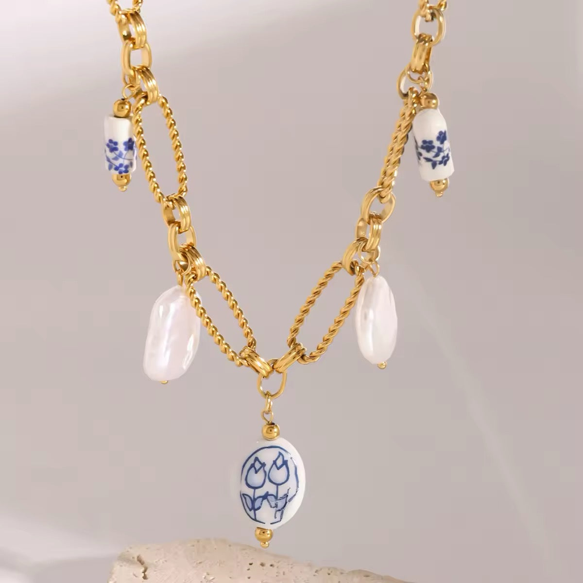 Timeless vintage floral ceramic bead necklace