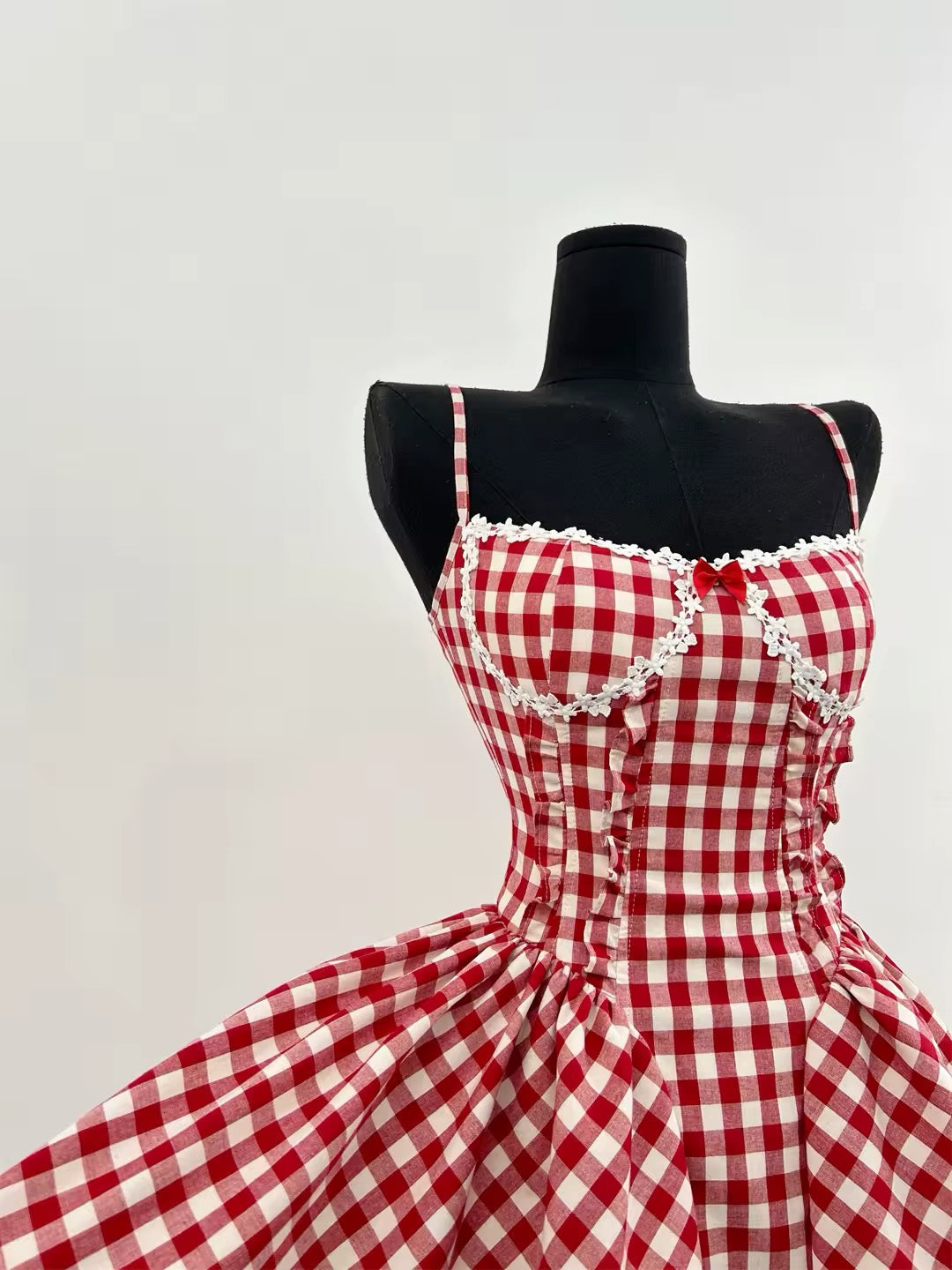 Balletcore red plaid dress with a flattering silhouette