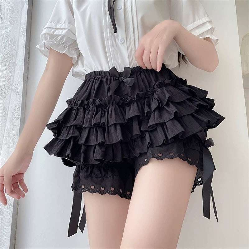 Cute white lolita ruffle bloomers with lace and bows for women