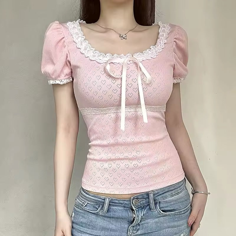 Y2K-inspired romantic puff sleeve pink blouse