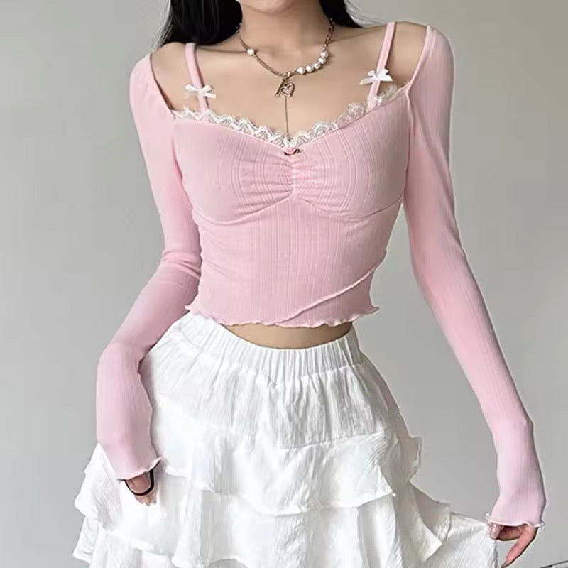 Vintage coquette fashion pink knitted blouse